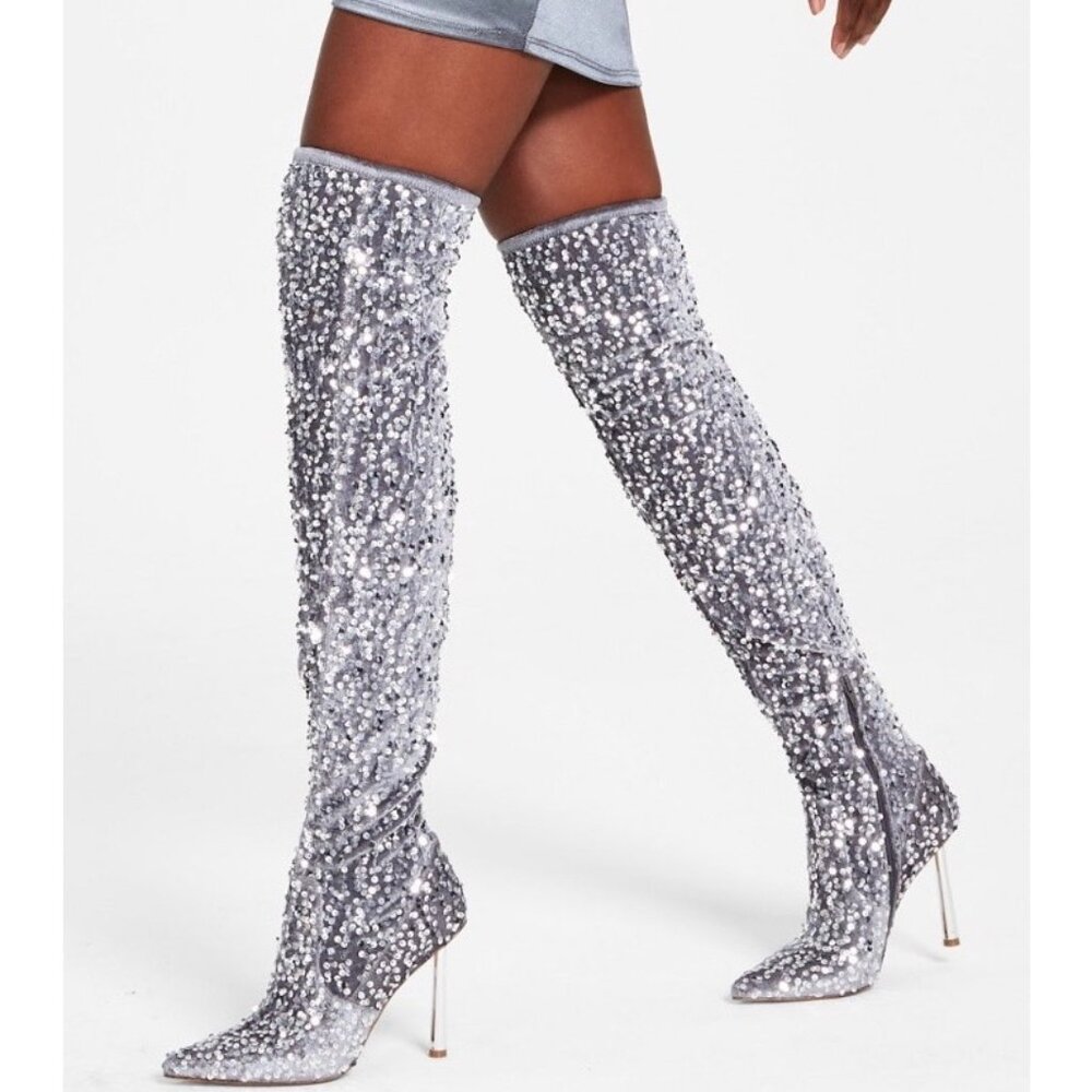Steve Madden Silver Sequin Over-The-Knee Pointed Toe Stiletto Heel Boots Size 7 - Picture 1 of 15